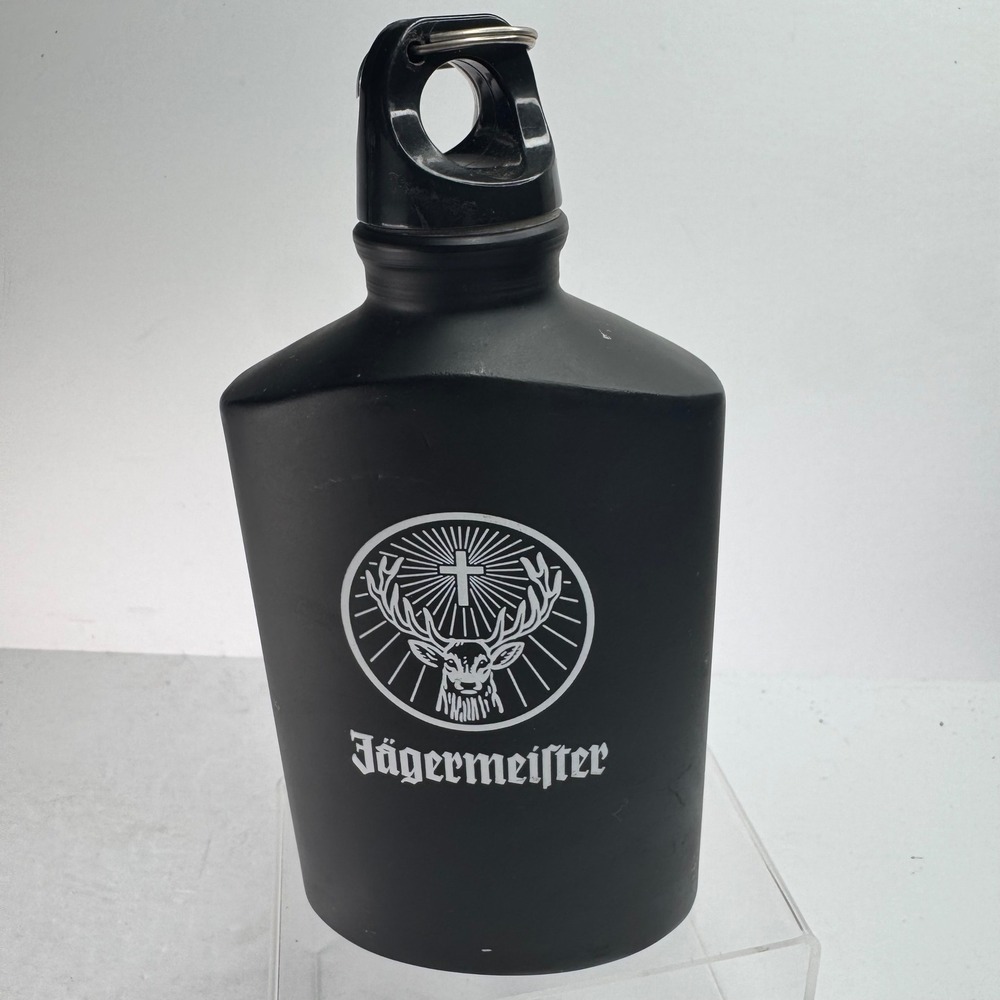 Jagermeister Matte Black Metal Canteen Water Bottle with Carabiner Clip Logo